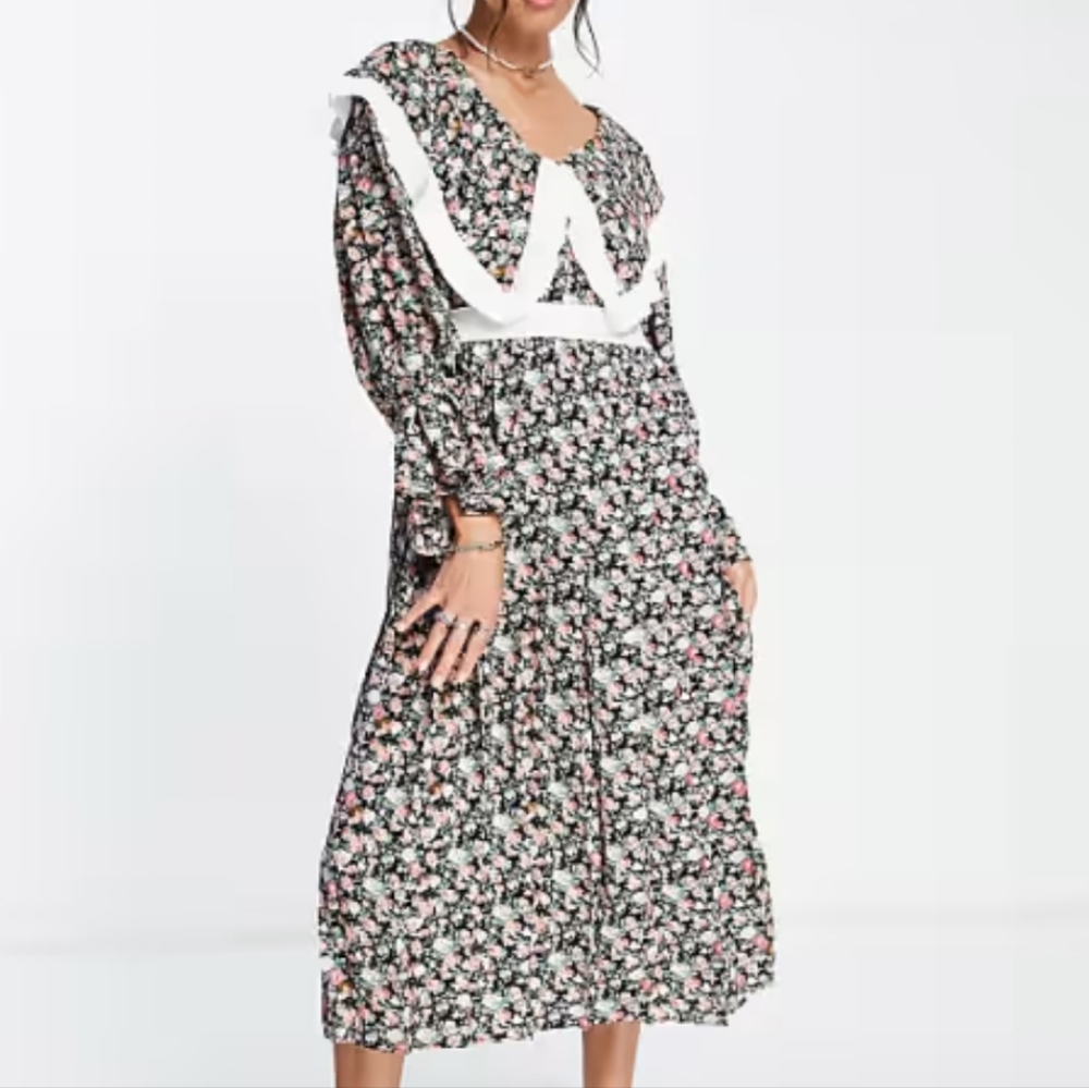 Sister Jane Black Floral Long Sleeve Midi Dress with White Trim